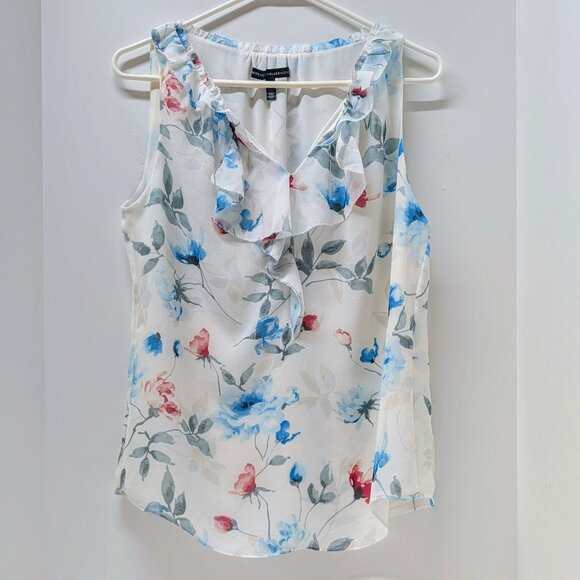 White House Black Market Floral Print Ruffle Shell in Ecru w/ Blue Mirage - Picture 1 of 9